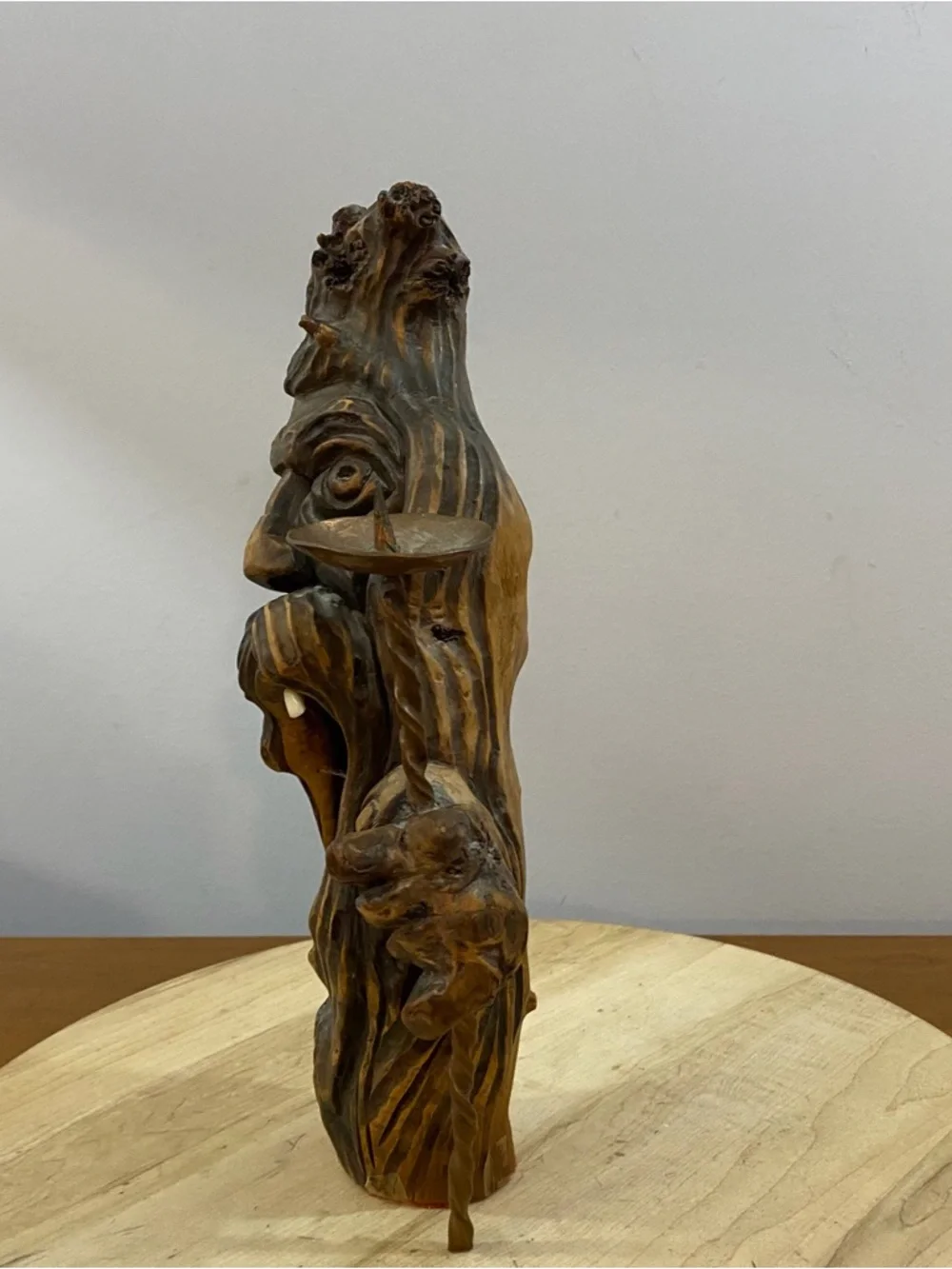 Vintage Hand Carved Wood Candle‎ Holder Spirit Wizard Face Folk Art Cottagecore